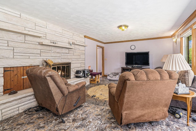 2639 Dutch Acres, Allegan, MI 49010 - living area with a stone fireplace, a textured ceiling, and crown molding