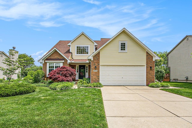 1432 Auston Ln, Chelsea, MI 48118 - traditional-style home with driveway, brick siding, a front lawn, and a shingled roof