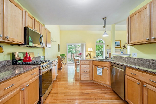 1432 Auston Ln, Chelsea, MI 48118 - kitchen featuring stainless steel appliances, a sink, light wood-style floors, dark stone countertops, and a peninsula