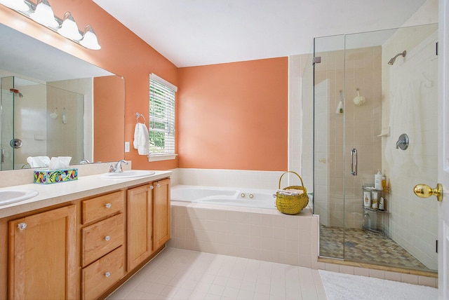 1432 Auston Ln, Chelsea, MI 48118 - full bathroom with a stall shower, a garden tub, double vanity, and tile patterned flooring