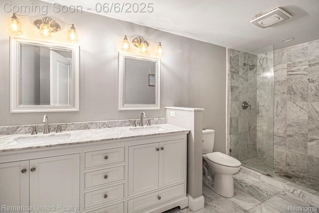 11187 Shadywood Dr, Brighton, MI 48114 - bathroom featuring marble look tile flooring, toilet, double vanity, and walk in shower