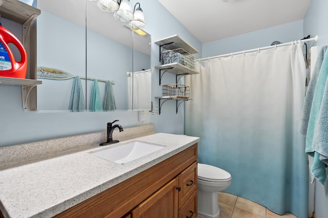 8843 Silver Lake Rd, Grand Junction, MI 49056 - bathroom with toilet, vanity, tile patterned floors, and curtained shower
