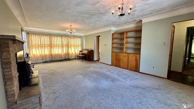 1220 N Raisinville Rd, Monroe, MI 48162 - unfurnished living room featuring a chandelier, a baseboard heating unit, carpet flooring, and baseboards