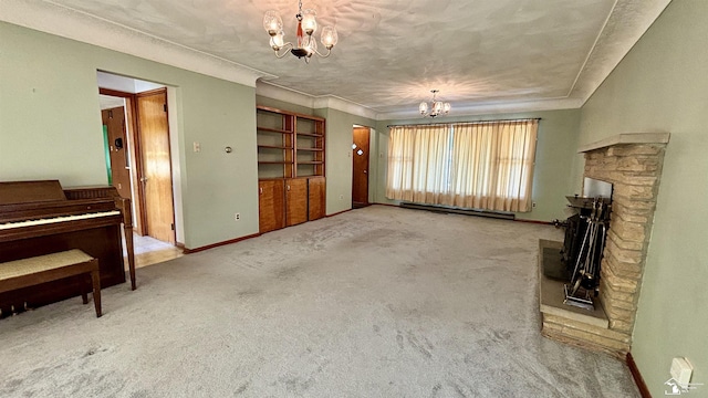 1220 N Raisinville Rd, Monroe, MI 48162 - unfurnished living room featuring a chandelier, carpet flooring, baseboards, and a fireplace