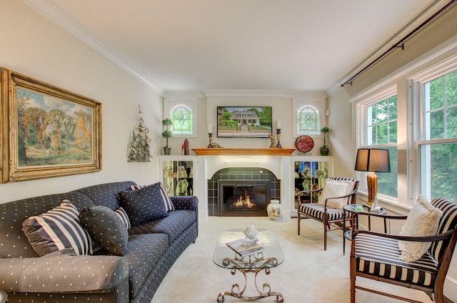 902 Oakridge Dr, Jackson, MI 49203 - carpeted living area with crown molding, plenty of natural light, and a tiled fireplace