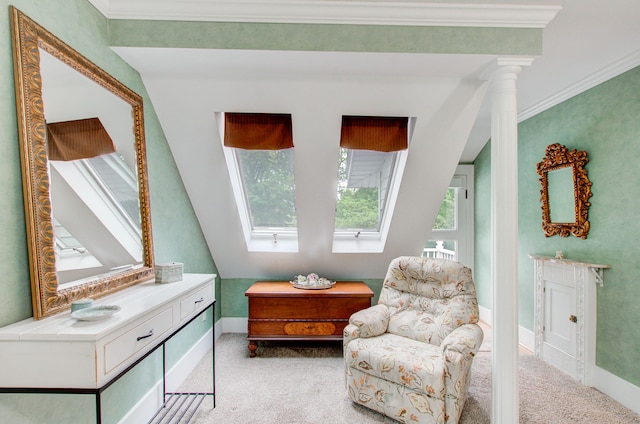 902 Oakridge Dr, Jackson, MI 49203 - living area featuring a skylight, light colored carpet, ornamental molding, and baseboards