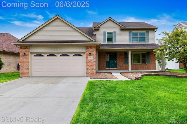 20605 Hickory St, Woodhaven, MI 48183 - traditional-style house featuring concrete driveway, a front yard, covered porch, a garage, and brick siding