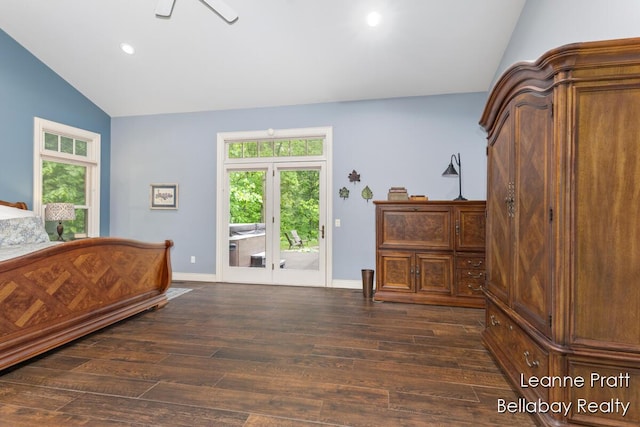 1020 E Woodlawn Ave, Hastings, MI 49058 - bedroom with vaulted ceiling, access to exterior, dark wood finished floors, baseboards, and recessed lighting
