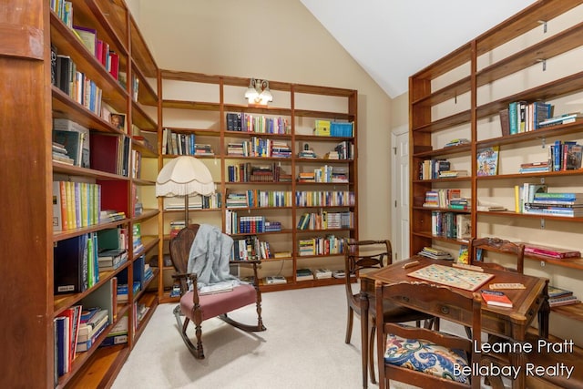 1020 E Woodlawn Ave, Hastings, MI 49058 - sitting room featuring bookshelves, vaulted ceiling, and carpet floors