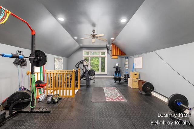 1020 E Woodlawn Ave, Hastings, MI 49058 - workout area with ceiling fan, recessed lighting, lofted ceiling, and baseboards