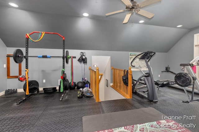 1020 E Woodlawn Ave, Hastings, MI 49058 - exercise room with recessed lighting, lofted ceiling, baseboards, and ceiling fan