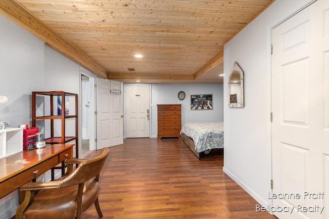 1020 E Woodlawn Ave, Hastings, MI 49058 - bedroom with wood ceiling, dark wood-style floors, an office area, and recessed lighting