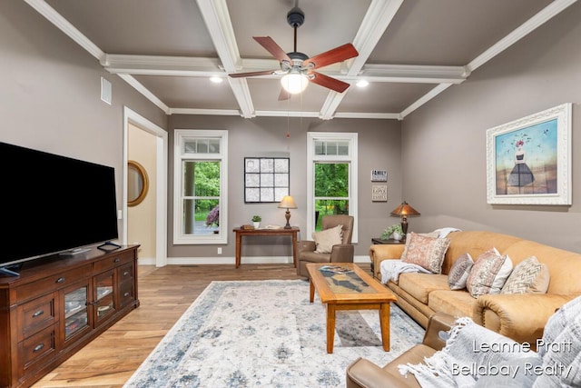 1020 E Woodlawn Ave, Hastings, MI 49058 - living area featuring light wood-style floors, ceiling fan, beam ceiling, coffered ceiling, and baseboards