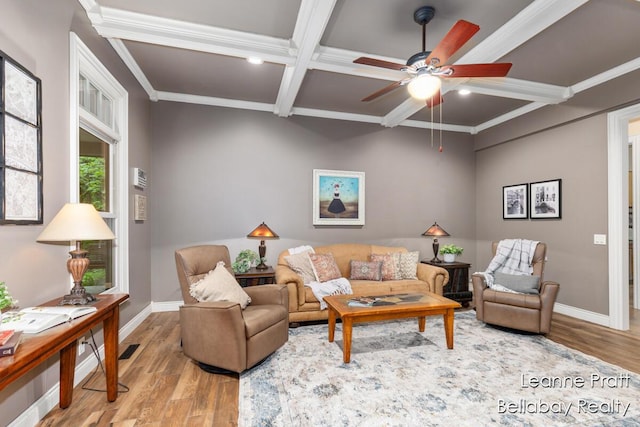 1020 E Woodlawn Ave, Hastings, MI 49058 - living room with coffered ceiling, wood finished floors, a ceiling fan, beam ceiling, and baseboards