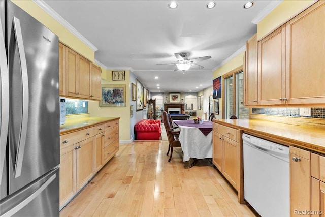 4824 Quarton Rd, Bloomfield Hills, MI 48302 - kitchen with freestanding refrigerator, white dishwasher, light brown cabinets, crown molding, and light wood-style flooring