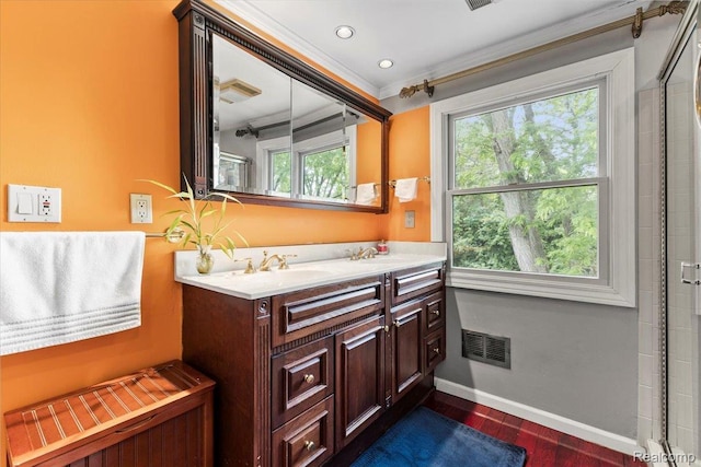 4824 Quarton Rd, Bloomfield Hills, MI 48302 - bathroom with double vanity, crown molding, and wood finished floors