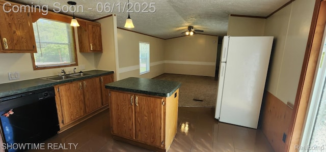 3730 Lapeer Rd, Port Huron, MI 48060 - kitchen with black dishwasher, freestanding refrigerator, a sink, dark countertops, and a textured ceiling