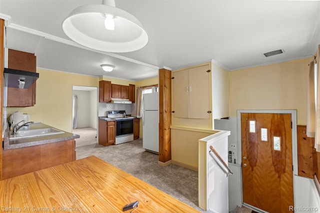 2143 Boldt St, Dearborn, MI 48124 - kitchen featuring white appliances, a sink, decorative backsplash, brown cabinets, and under cabinet range hood