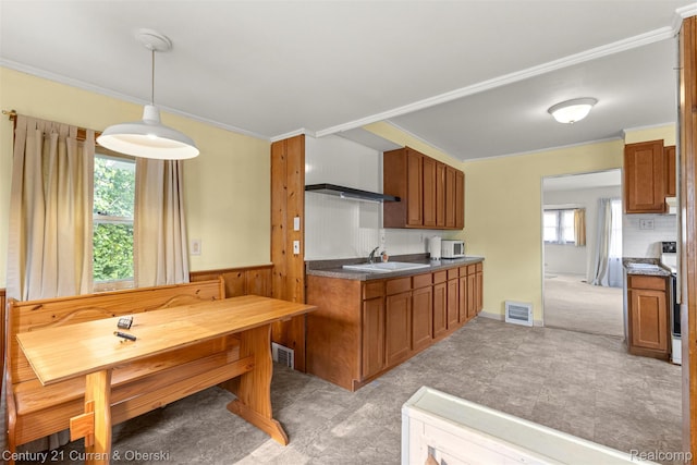 2143 Boldt St, Dearborn, MI 48124 - kitchen featuring brown cabinets, a sink, white appliances, ornamental molding, and pendant lighting