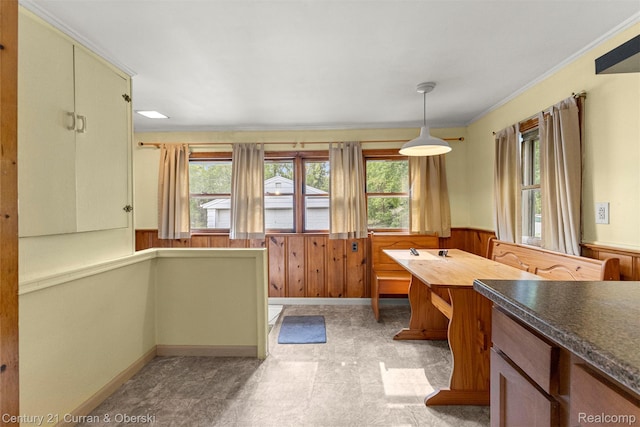 2143 Boldt St, Dearborn, MI 48124 - kitchen with a wainscoted wall, ornamental molding, dark countertops, wooden walls, and decorative light fixtures