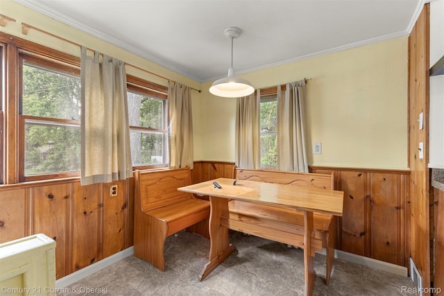 2143 Boldt St, Dearborn, MI 48124 - dining area featuring a wainscoted wall, wooden walls, plenty of natural light, and crown molding