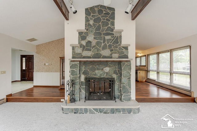 6337 Raymar St, Erie, MI 48133 - detailed view of wainscoting, wood finished floors, carpet flooring, baseboard heating, and a stone fireplace