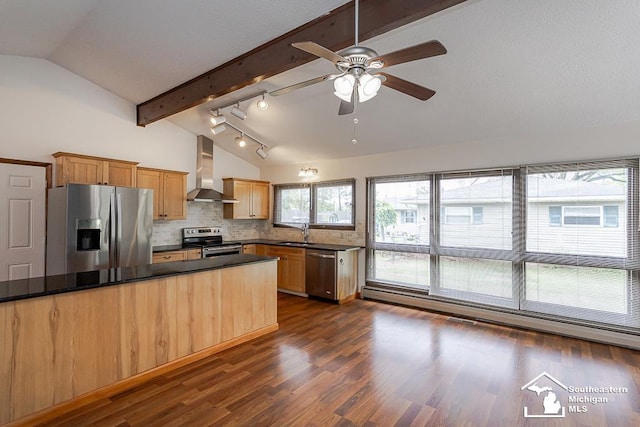 6337 Raymar St, Erie, MI 48133 - kitchen featuring wall chimney range hood, appliances with stainless steel finishes, a sink, dark countertops, and a ceiling fan