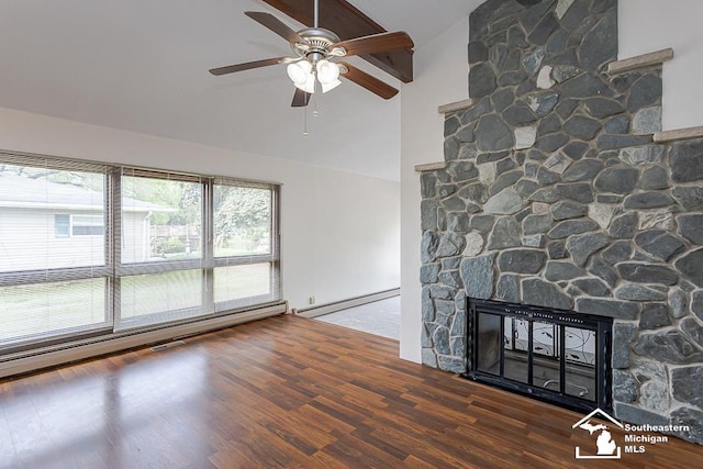 6337 Raymar St, Erie, MI 48133 - unfurnished living room featuring a ceiling fan, a stone fireplace, wood finished floors, a baseboard radiator, and high vaulted ceiling