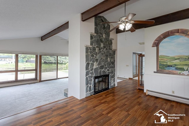 6337 Raymar St, Erie, MI 48133 - unfurnished living room featuring beam ceiling, ceiling fan, wood finished floors, a fireplace, and high vaulted ceiling
