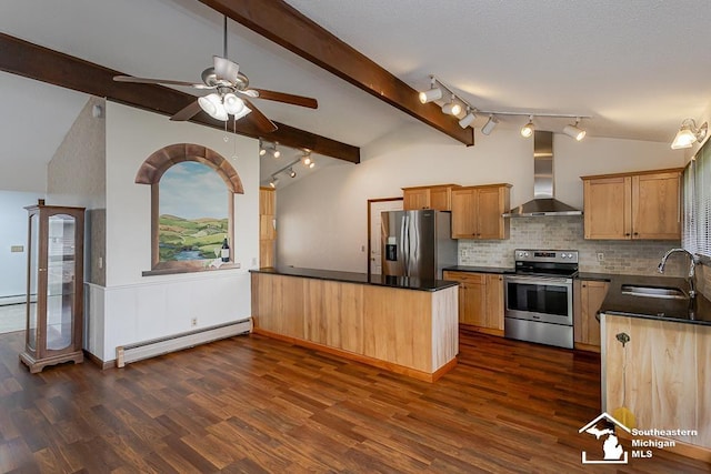 6337 Raymar St, Erie, MI 48133 - kitchen featuring stainless steel appliances, wall chimney exhaust hood, a baseboard heating unit, a sink, and a peninsula