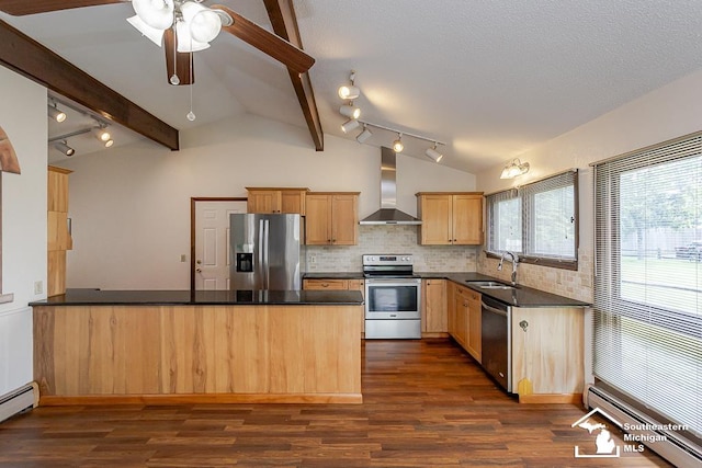 6337 Raymar St, Erie, MI 48133 - kitchen featuring appliances with stainless steel finishes, wall chimney range hood, a peninsula, a sink, and dark countertops