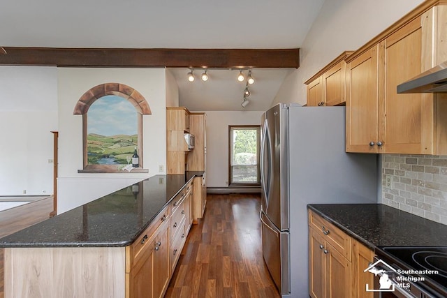 6337 Raymar St, Erie, MI 48133 - kitchen with dark wood-type flooring, tasteful backsplash, dark stone counters, wall chimney range hood, and a peninsula