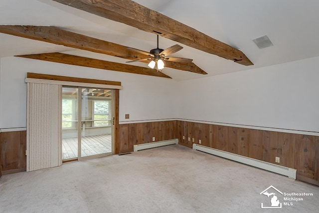 6337 Raymar St, Erie, MI 48133 - empty room with baseboard heating, a wainscoted wall, ceiling fan, carpet, and wooden walls