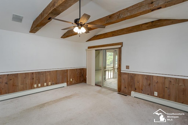 6337 Raymar St, Erie, MI 48133 - carpeted spare room featuring wood walls, a baseboard heating unit, wainscoting, and ceiling fan