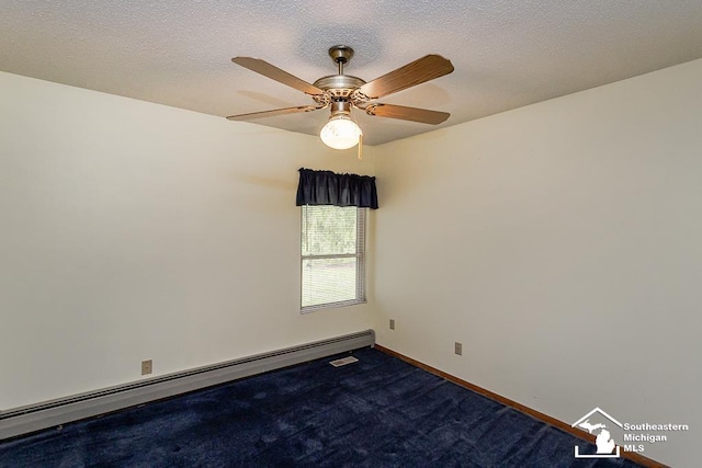 6337 Raymar St, Erie, MI 48133 - carpeted spare room featuring a baseboard radiator, baseboards, a ceiling fan, and a textured ceiling