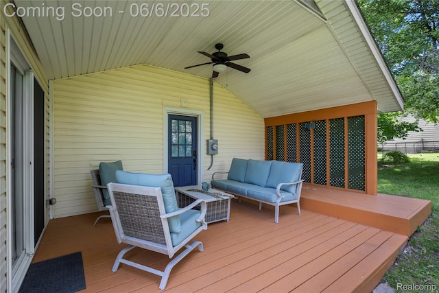 6226 Rowley Blvd, Waterford, MI 48329 - wooden deck with outdoor lounge area and a ceiling fan