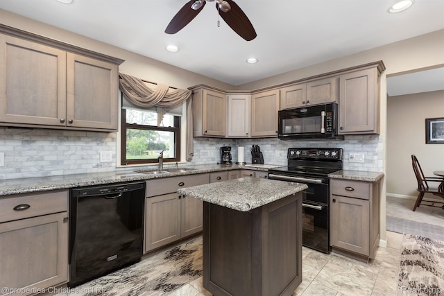 708 Mount Vernon Blvd, Royal Oak, MI 48073 - kitchen featuring black appliances, a sink, a ceiling fan, decorative backsplash, and recessed lighting