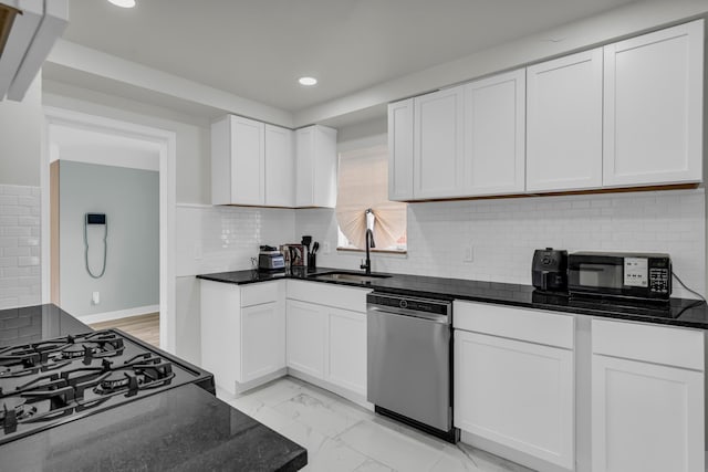 20241 Braile St, Detroit, MI 48219 - kitchen with stainless steel dishwasher, a sink, recessed lighting, light marble finish flooring, and white cabinets
