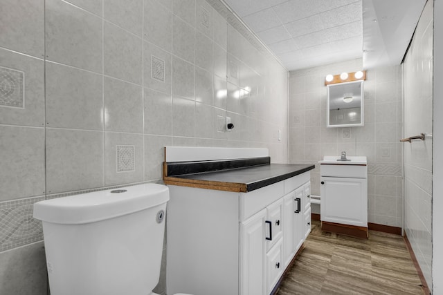 20241 Braile St, Detroit, MI 48219 - half bathroom with tile walls, vanity, toilet, and decorative backsplash