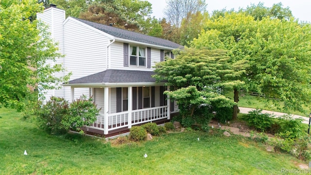 1755 Country View Dr, Okemos, MI 48864 - view of property exterior with a chimney, a shingled roof, a porch, and a lawn