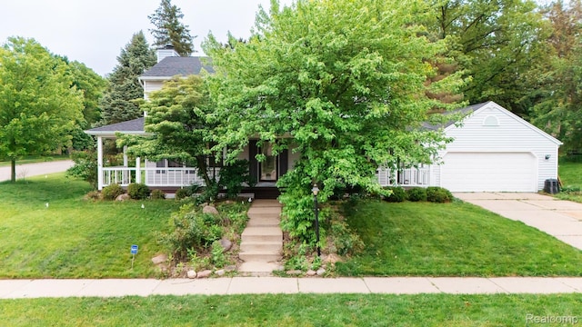 1755 Country View Dr, Okemos, MI 48864 - obstructed view of property with a porch, a front lawn, driveway, an attached garage, and a chimney