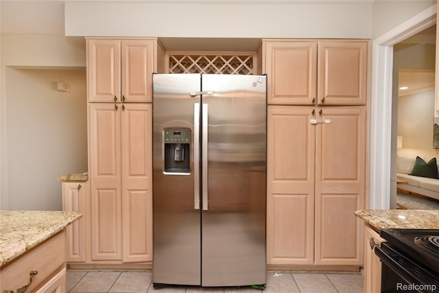 6835 Limerick Ln, Troy, MI 48098 - kitchen featuring stainless steel fridge, light tile patterned floors, and light brown cabinets