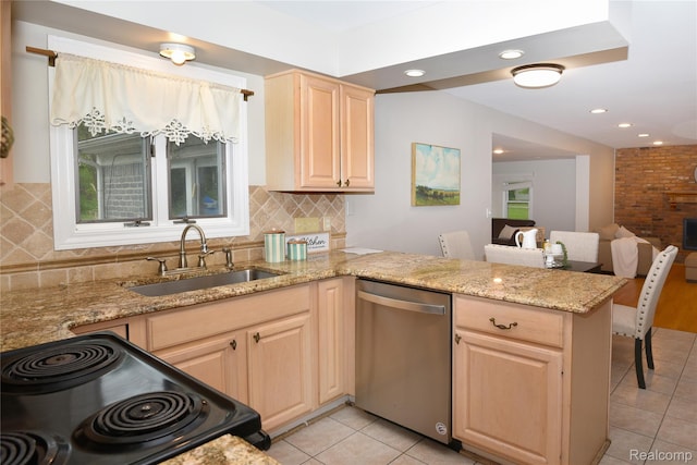 6835 Limerick Ln, Troy, MI 48098 - kitchen featuring stainless steel dishwasher, a sink, black electric range oven, light tile patterned floors, and recessed lighting