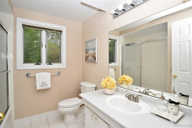6835 Limerick Ln, Troy, MI 48098 - bathroom featuring a shower with door, toilet, vanity, and tile patterned flooring
