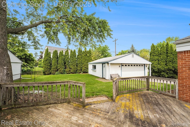 2809 Sparta Dr, Troy, MI 48083 - wooden terrace with a garage, an outbuilding, and a yard