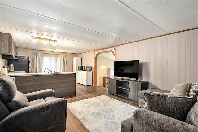 24923 Sandy Beach Dr, Edwardsburg, MI 49112 - living room with arched walkways and dark wood finished floors
