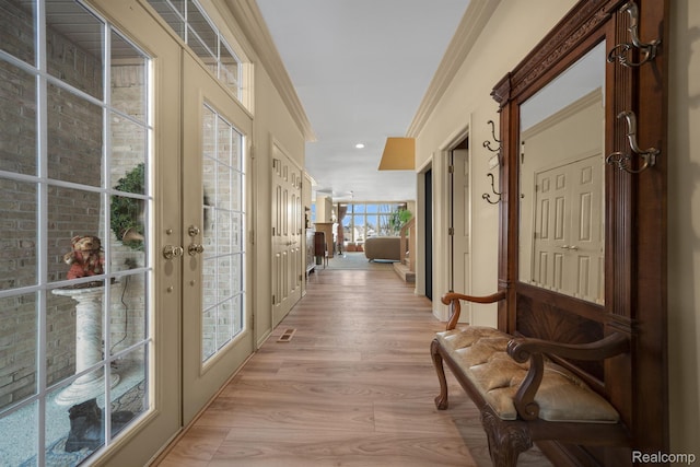 536 Cambridge Way, Bloomfield Hills, MI 48304 - hallway with crown molding, light wood finished floors, french doors, and recessed lighting