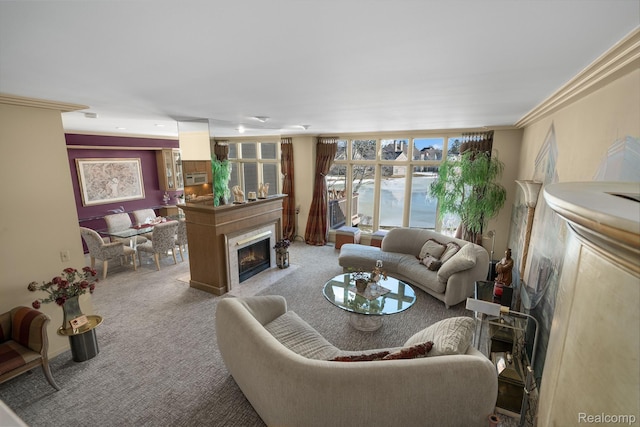 536 Cambridge Way, Bloomfield Hills, MI 48304 - carpeted living area with a fireplace with flush hearth and ornamental molding