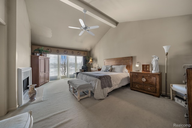 536 Cambridge Way, Bloomfield Hills, MI 48304 - carpeted bedroom featuring beamed ceiling, access to exterior, a fireplace, high vaulted ceiling, and a ceiling fan