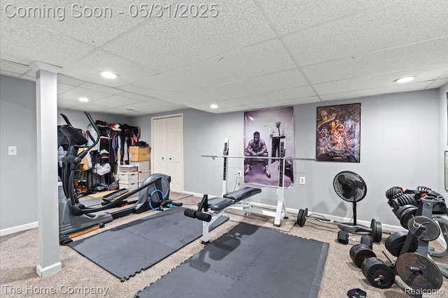 5182 Shady Creek Dr, Troy, MI 48085 - workout room featuring a paneled ceiling, baseboards, carpet floors, and recessed lighting